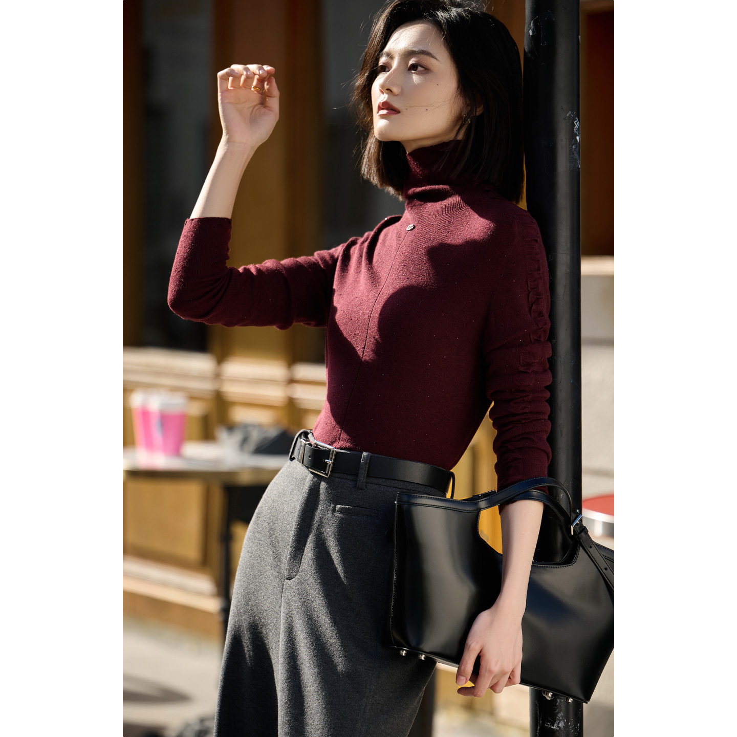 60支长纤维烫钻针织衫 米思阳2025冬季新款设计感软乎木耳边高领羊毛烫钻打底衫针织衫女5755