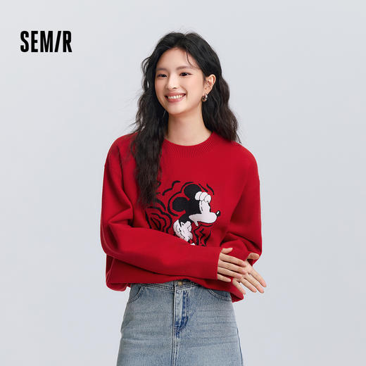 森马迪士尼合作系列毛衣女春季中长款红色oversize提花设计感毛衫 商品图1