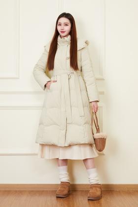 LNNNS 保暖系带收腰中长款连帽羽绒服外套 21607