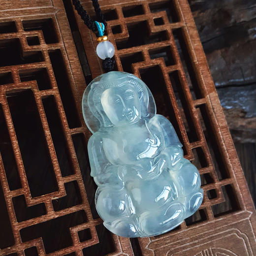 【天然正品】A货翡翠天然收藏级细腻冰种晴水飘蓝花观音坐莲（平安安乐）翡翠吊坠项链56.1*36.8*8.7MM（皆取最大值）女士191125NJT08 商品图8