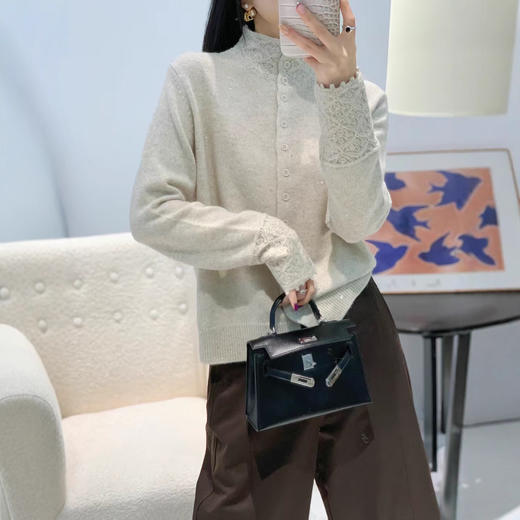 秋冬羊毛针织衫半高领钩花边袖拼接针织打底时尚套头百搭毛衣开衫 商品图3