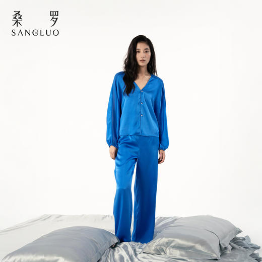 桑罗仿珍珠扣真丝睡衣套装100%桑蚕丝纯色简约女款家居服 商品图1