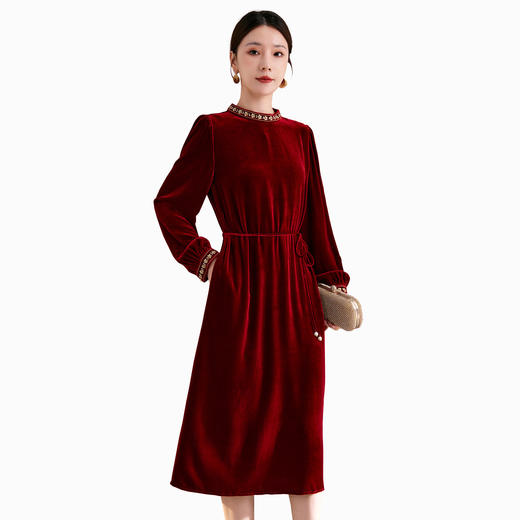 喜庆真丝丝绒连衣裙，圆领设计感日常气质纯色穿搭中长款裙子SM-82501983 商品图4