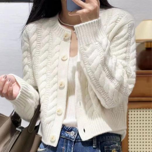 重磅加厚羊绒衫女圆领毛衣开衫麻花宽松慵懒短款羊毛针织上衣外套 商品图2