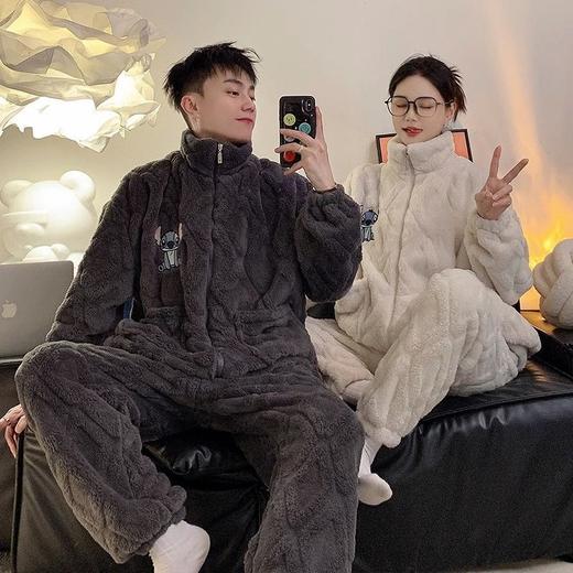 珊瑚绒情侣睡衣男女秋冬季加厚加绒法兰绒半高领家居服可外穿女 商品图1