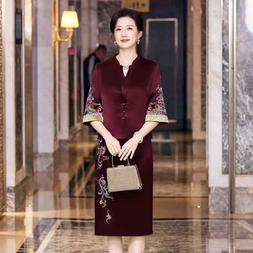 婚礼妈妈装醋酸礼服连衣裙女春夏新款高端婚宴喜婆婆两件套敬酒服 商品图0