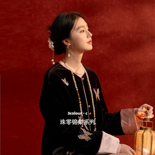 三彩【飞花蛱蝶】2025冬季新款丝绒绣花蓄热棉服圆领棉衣外套C 商品图1