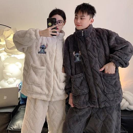 珊瑚绒情侣睡衣男女秋冬季加厚加绒法兰绒半高领家居服可外穿女 商品图0