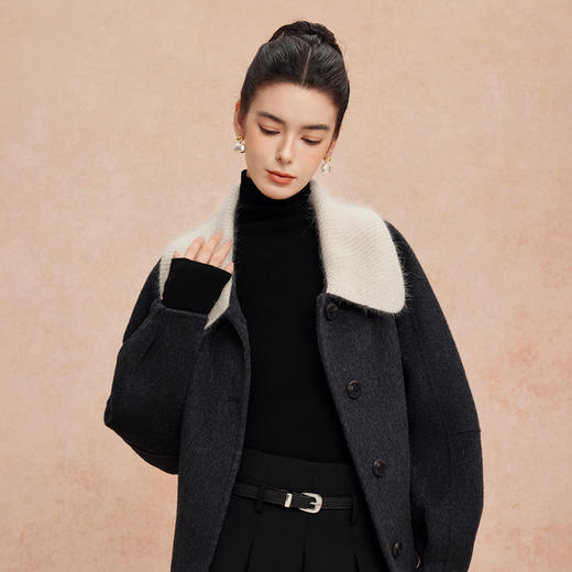 QH943斯尔丽25新款时尚减龄混色拼针织领小个子短款羊毛大衣 商品图9