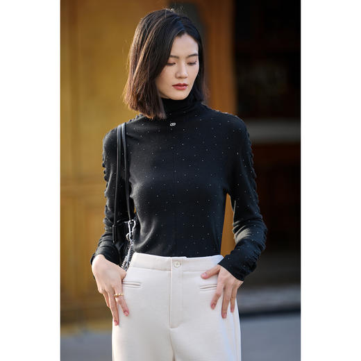 60支长纤维烫钻针织衫 米思阳2025冬季新款设计感软乎木耳边高领羊毛烫钻打底衫针织衫女5755 商品图7