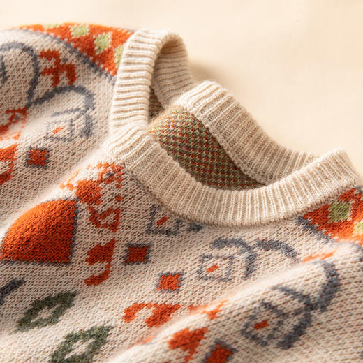 橙心如意~重磅加厚羊绒衫复古提花撞色打底衫女减龄套头上衣 商品图3