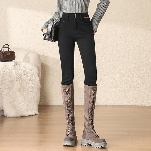 显瘦黑色加绒牛仔小脚裤，高腰弹力紧身打底裤长款铅笔裤MYX-OZY-25325-L 商品图1