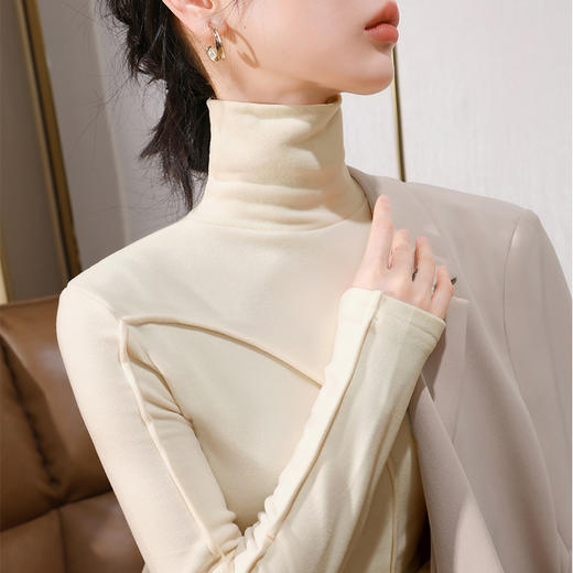 J5D3072-CS双面德绒打底衫女2025新款女装气质高领长袖保暖内搭鱼骨收腰上衣 商品图3