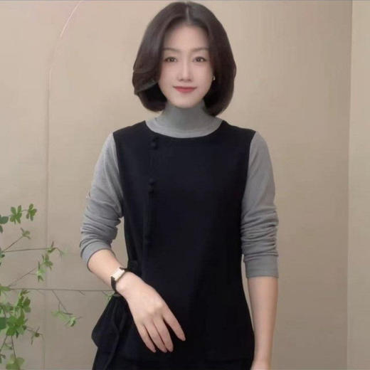A8-1175 半高领假两件拼色T恤衫秋冬款休闲宽松女装减龄设计感打底衫上衣 商品图2