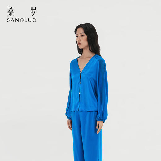 桑罗仿珍珠扣真丝睡衣套装100%桑蚕丝纯色简约女款家居服 商品图2