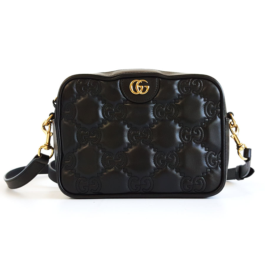 【95新】GUCCI古驰GG Matelasse702234黑色牛皮双G压花单肩斜挎相机包中性款181125AK27