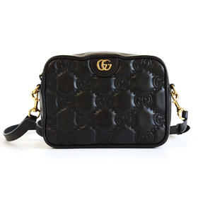 【95新】GUCCI古驰GG Matelasse702234黑色牛皮双G压花单肩斜挎相机包中性款181125AK27