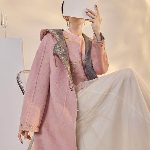 SS NX010新中式双面毛呢外套宽松显瘦连帽羊毛大衣 商品图0