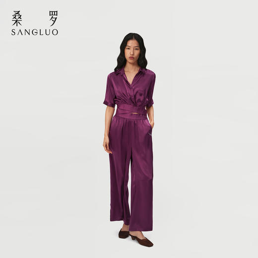 桑罗玫红真丝衬衫套装100%桑蚕丝女款修身家居服可外穿 商品图1