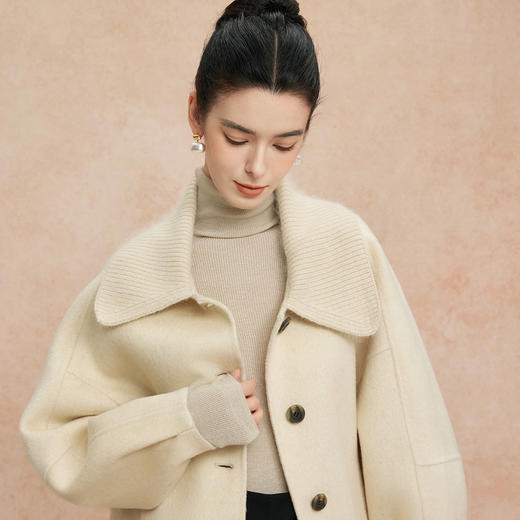 QH943斯尔丽25新款时尚减龄混色拼针织领小个子短款羊毛大衣 商品图4