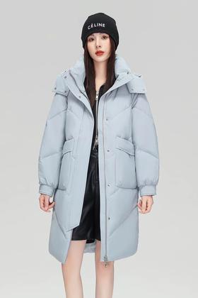 雪中飞 蓝色简约休闲中长款羽绒服外套 21682