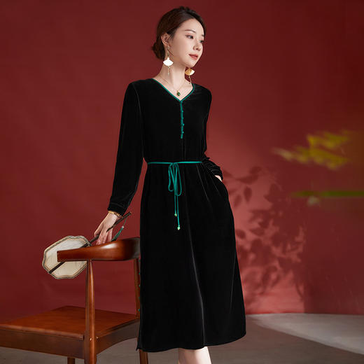 文艺复古V领真丝丝绒连衣裙，妈妈装秋冬长袖中长裙子SM-82497998 商品图1