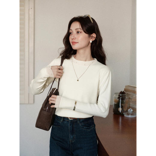 鹿向南「自然底色」米白色蕾丝显瘦毛衣女秋冬气质长袖打底针织衫 商品图1