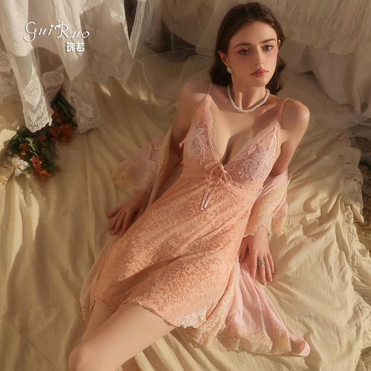 瑰若新款丝绒烧花蕾丝聚拢可拆胸垫露背睡裙外袍女家居服套装5909 商品图3