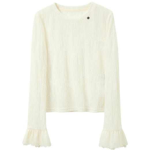 三彩2025冬季新款肌理感蕾丝衫提花圆领小衫喇叭袖修身M 商品图4