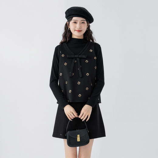 奢姿大码女装2025冬季时尚刺绣蝴蝶结上衣套装搭简约内搭三件套9954953936AB 商品图3