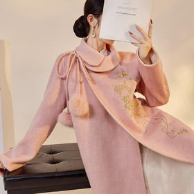 SS NX007国风刺绣温柔简约系带长款羊毛大衣 拼色马甲两件套