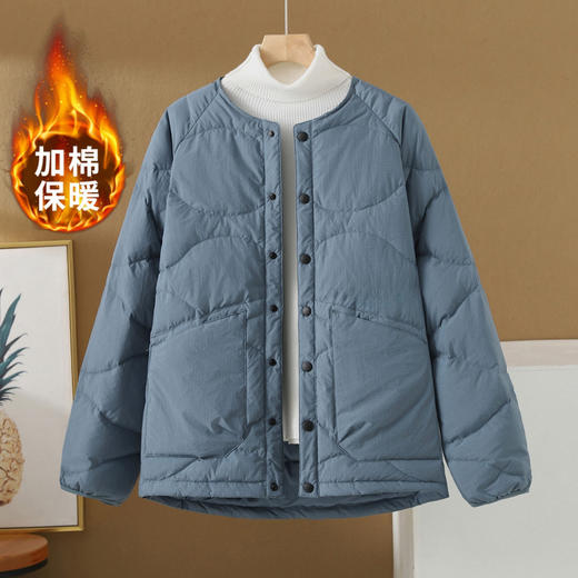 XJM78402025冬季新款纯色文艺宽松休闲简约舒适夹棉圆领棉服外套上衣女 商品图0