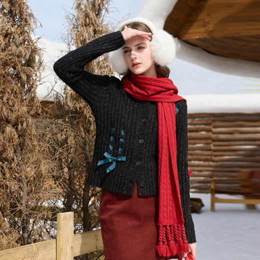 三彩2025冬季新款蝴蝶结针织衫开衫毛衫外套短款圆领修身显瘦M 商品图1