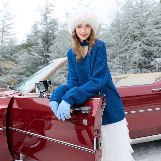 三彩2025冬季新款亮片针织衫V领飘带毛衫套头氛围感上衣M 商品图1