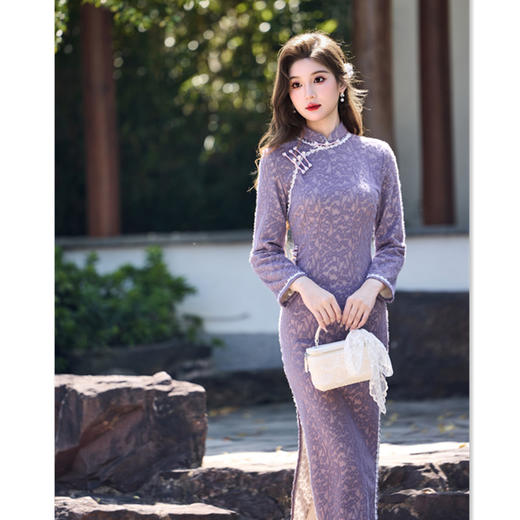 复合蕾丝加绒长款旗袍2025秋冬新款复古国风改良新中式款旗袍179398 商品图0