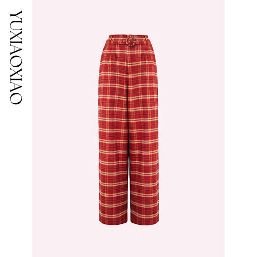 余潇潇【圣诞格调】时尚舒适垂顺烫钻格纹高腰宽松阔腿休闲裤配腰带 商品图4