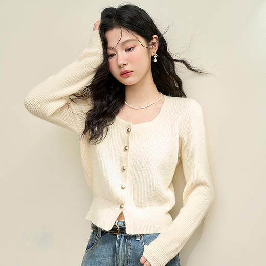 西遇外套女冬季新款法式复古方领金属扣短款收腰显瘦毛衣开衫P0043555 商品图2