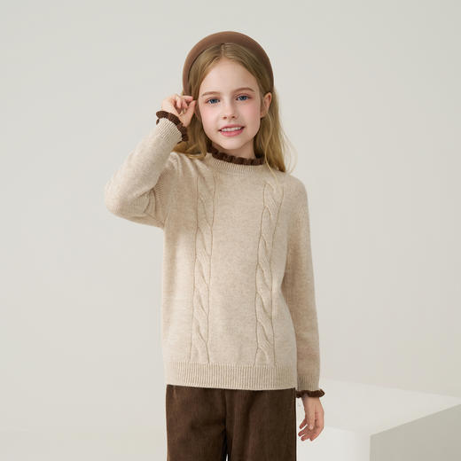 儿童100%羊绒衫2025秋冬女童半高领撞色木耳边棕色针织衫套头毛衣 商品图1