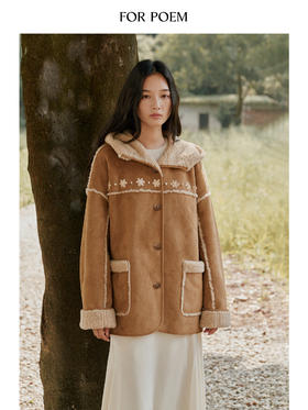 ForPoem 25/FW 原创设计环保羊羔毛手绣花朵仿麂皮连帽外套