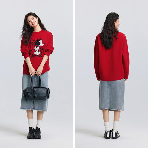 森马迪士尼合作系列毛衣女春季中长款红色oversize提花设计感毛衫 商品图4