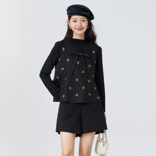 奢姿大码女装2025冬季时尚刺绣蝴蝶结上衣套装搭简约内搭三件套9954953936AB 商品图1