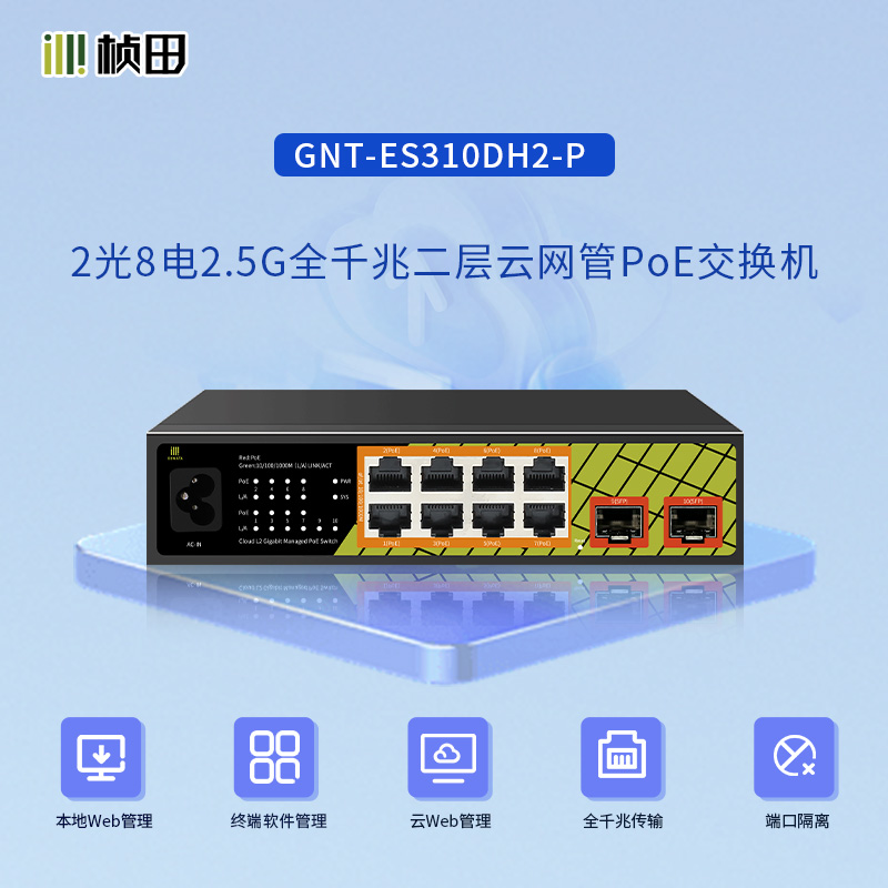 2光8电2.5G全千兆二层云网管POE交换机(2F+8GP/120W)-GNT-ES310DH2-P