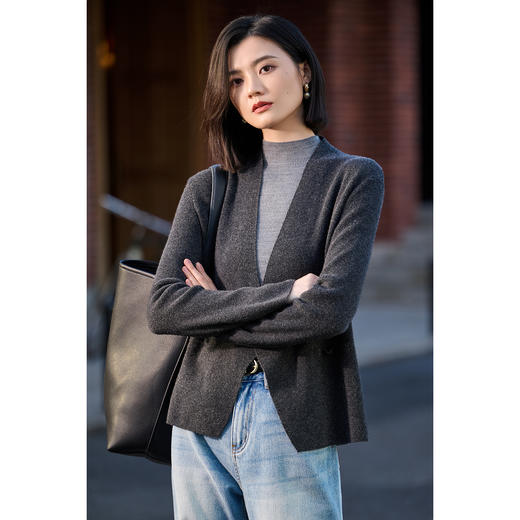 剩S/M/XL/XXL 简练静奢系列 定纺26支100%绵羊毛 米思阳软糯气质百搭针织开衫女  3色可选2094 商品图5