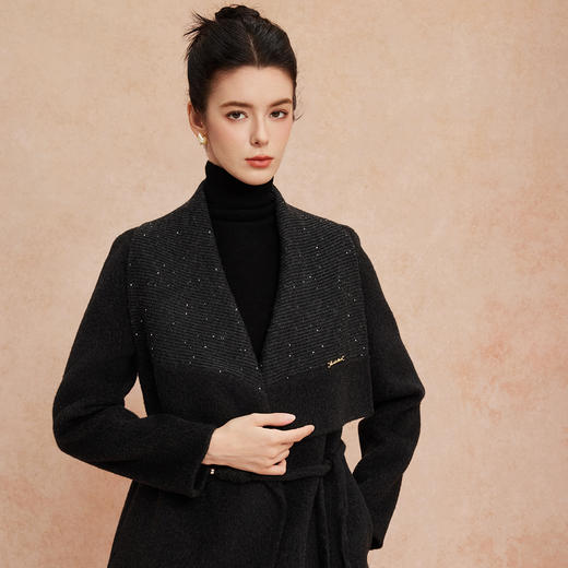 QH953斯尔丽2025新款气质静奢风精致亮片大翻领收腰一手长双面呢大衣 商品图4