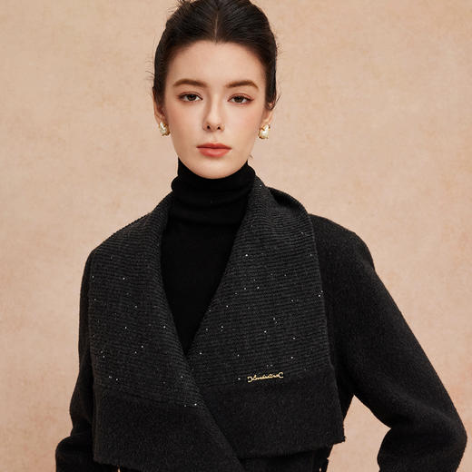 QH951斯尔丽25新款针织镶嵌配色进口小亮片大翻领收腰放摆气质长款大衣 商品图4
