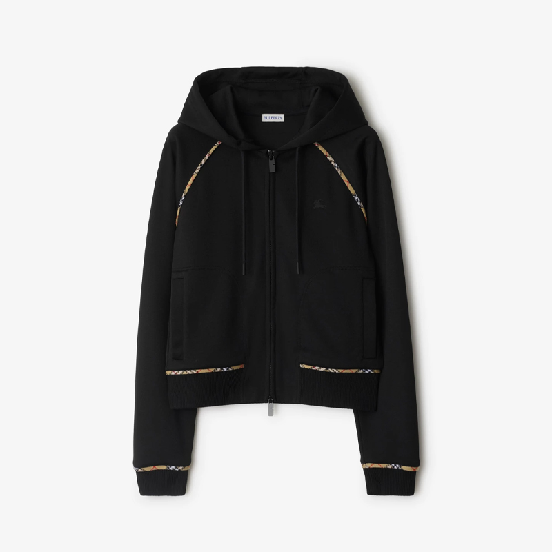 BURBERRY 巴宝莉 女士马术骑士徽标刺绣格纹装饰棉质混纺拉链连帽外套 黑色 8109720 A1189