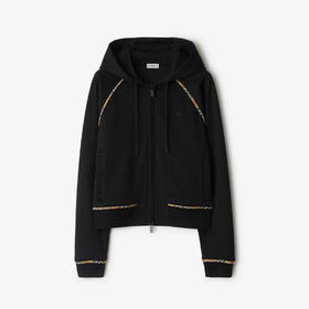 BURBERRY 巴宝莉 女士马术骑士徽标刺绣格纹装饰棉质混纺拉链连帽外套 黑色 8109720 A1189