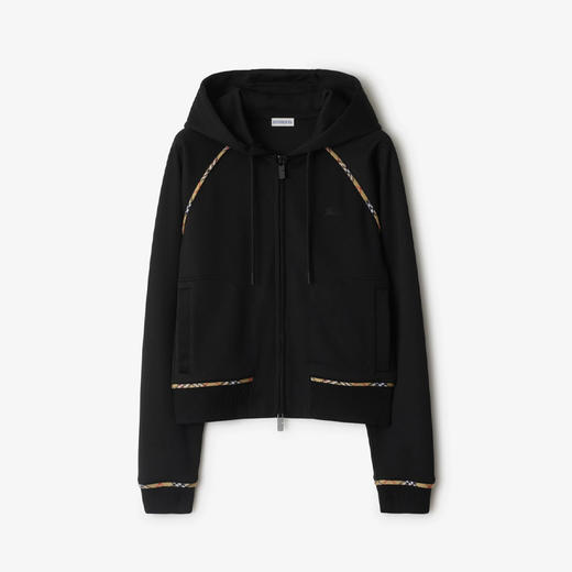 BURBERRY 巴宝莉 女士马术骑士徽标刺绣格纹装饰棉质混纺拉链连帽外套 黑色 8109720 A1189 商品图0