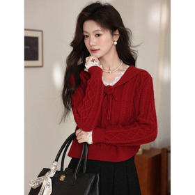 鹿向南「奶芙草莓」圣诞红色绞花纹毛衣女秋冬宽松巨好看法式上衣