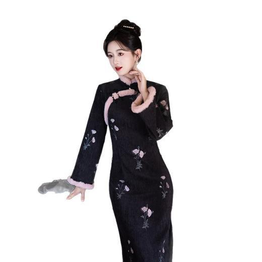 雪尼尔绣花长袖旗袍2025冬季新款时尚改良新中式日常少女国风旗袍3125229 商品图4